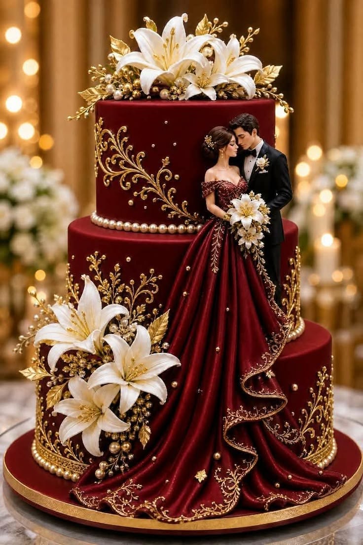 Three tier maroon and gold anniversary cake with couple figurine and lily flowers