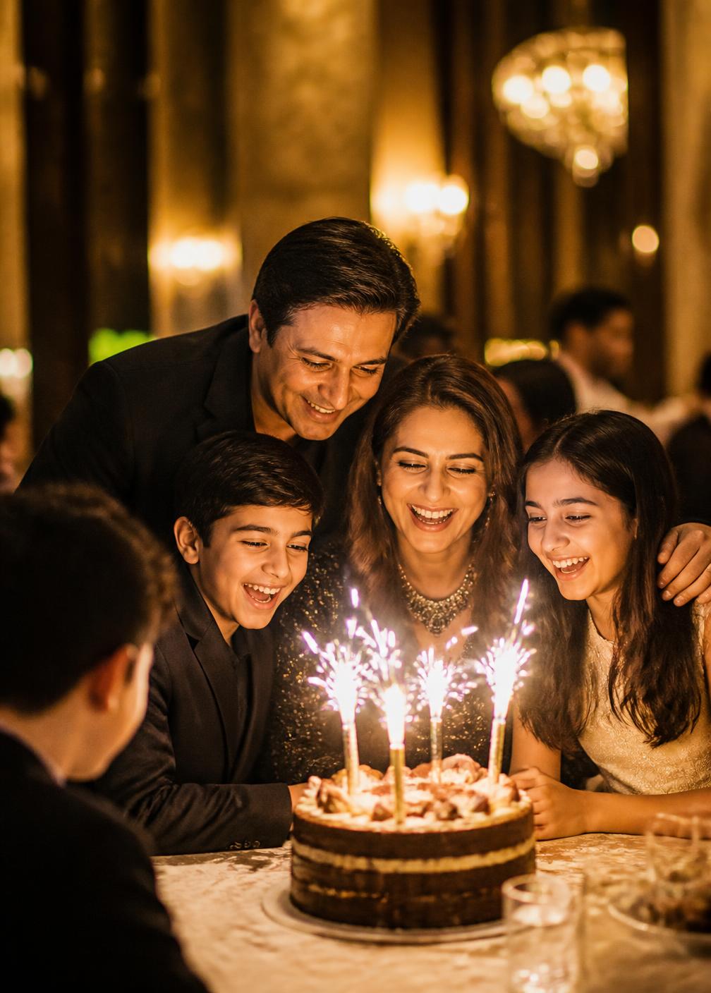 Family laughing together around a birthday cake lit by sparklers