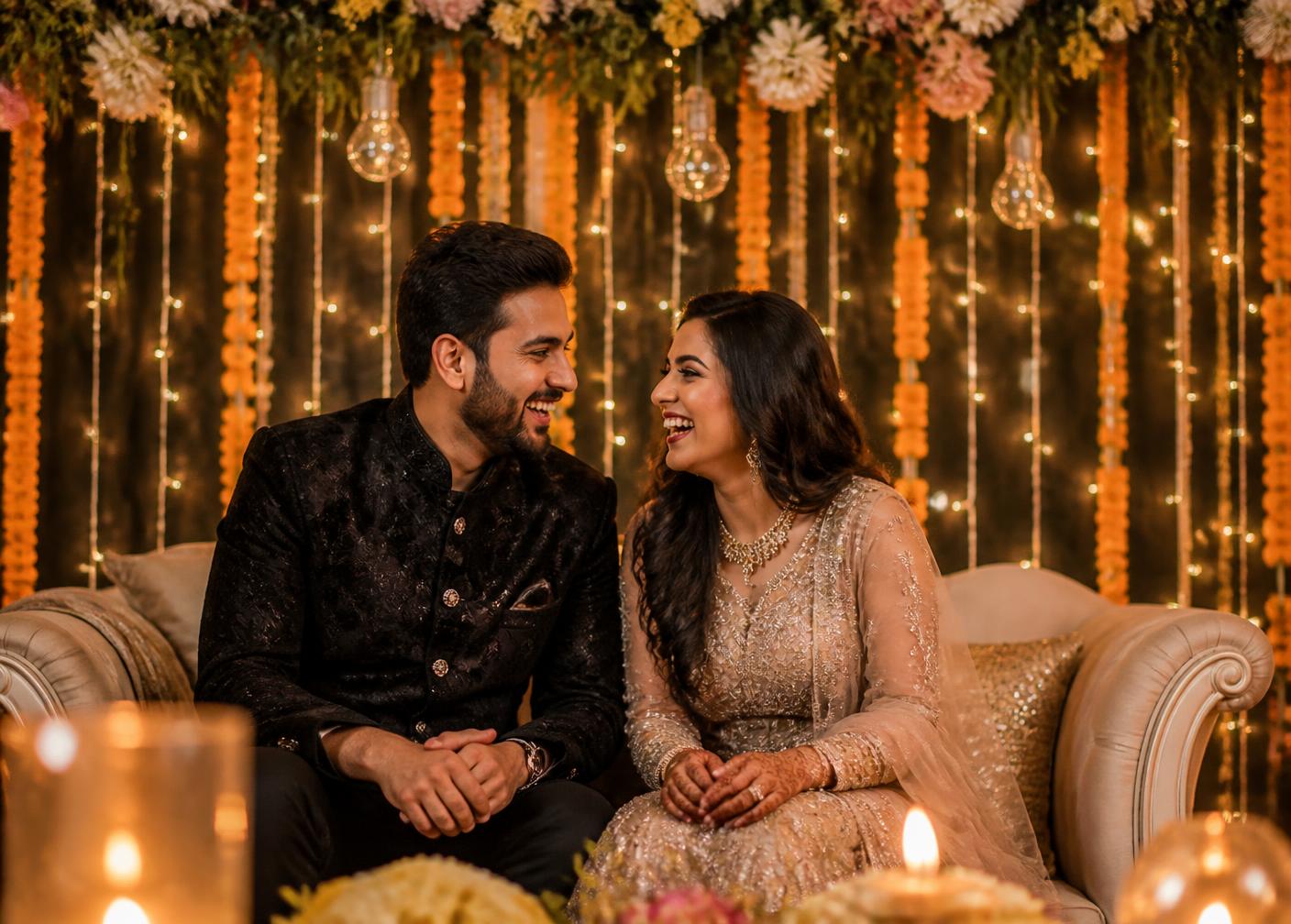 Engaged couple laughing on a decorated stage with marigold garlands and fairy lights