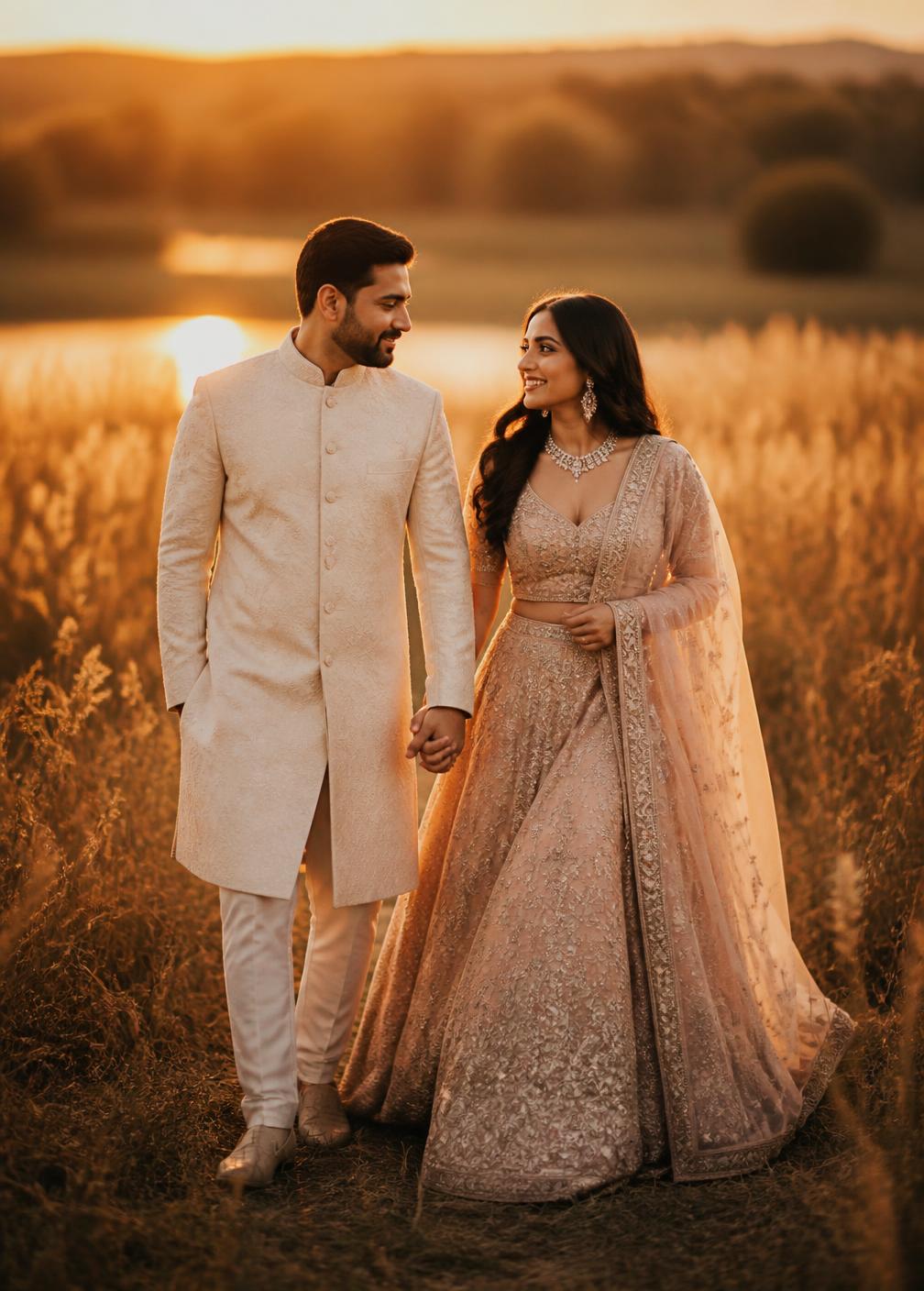 Couple walking hand in hand through a golden field during a pre wedding shoot at sunset